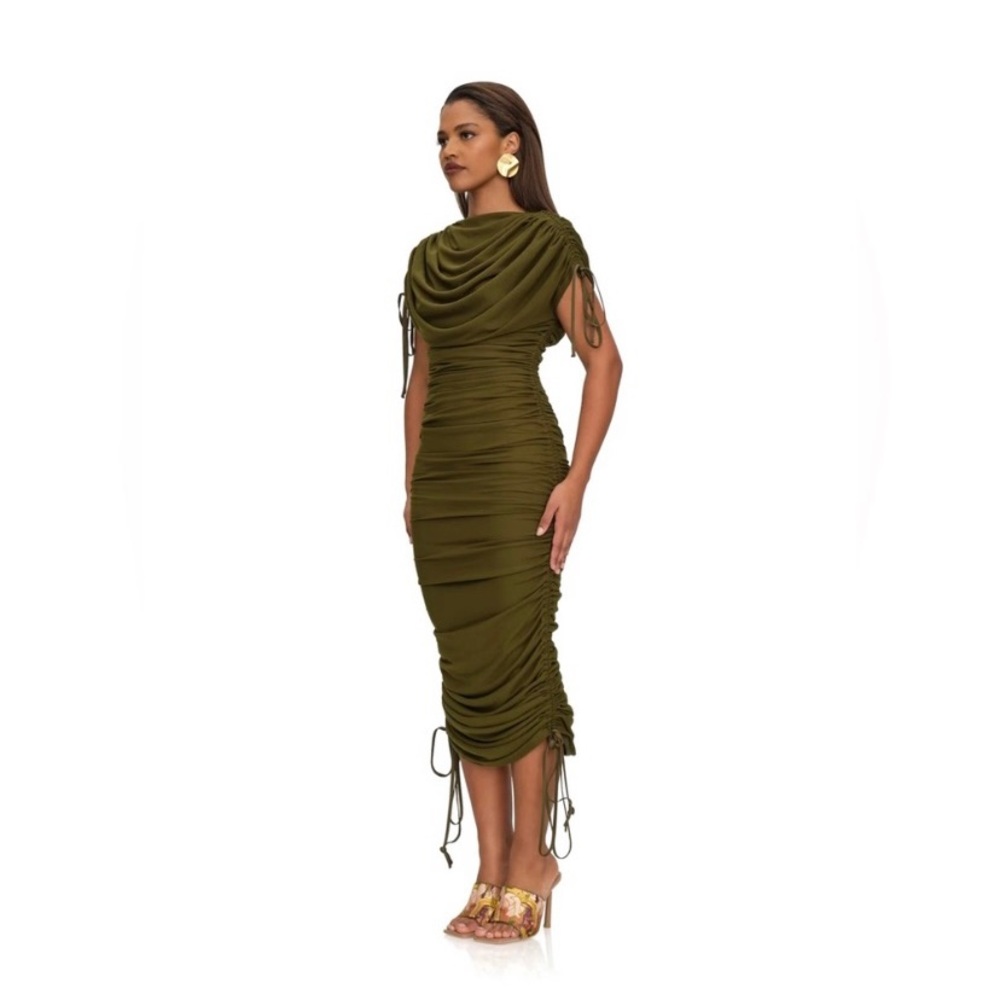 Olive Green Ruched Midi Dress - Women - Picture 2 of 3